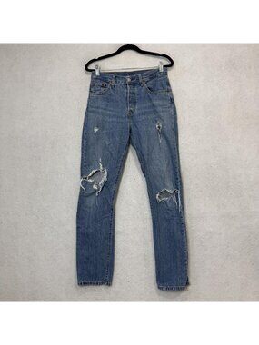 Levis 501 Jeans Womens W25 L30 Blue Medium Wash High Rise Straight Distressed
